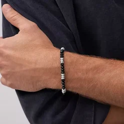 Bracelet Perles Homme 19CM FOSSIL ALL STACKED UP Acier Argenté Agates Noires