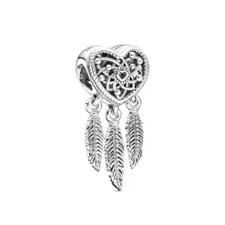 Charm Femme PANDORA ATTRAPE-RÊVES CŒUR AJOURÉ & TRIO DE PLUMES Argent 925/1000