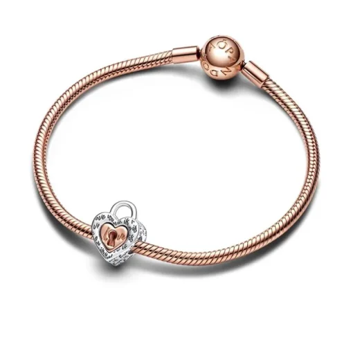 Charm Femme PANDORA CŒUR SÉPARABLE CADENAS Doré Rose 14 Carats Argent 925/1000