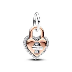 Charm Femme PANDORA PENDANT DOUBLE CADENAS CŒUR BARRE PIVOTANTE BIMATIÈRE Doré Rose 14 Carats Argent 925/1000