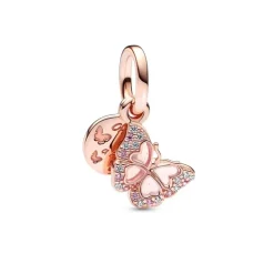 Charm Femme PANDORA PENDANT DOUBLE PAPILLON ROSE & CITATION Doré Rose 14 Carats