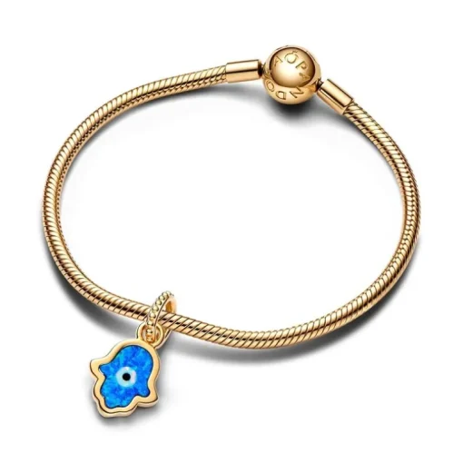 Charm Femme PANDORA PENDANT MAIN DE FATMA BLEUE OPALESCENTE Métal Doré 14 Carats