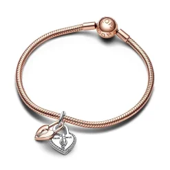 Charm Femme PANDORA PENDANT DOUBLE CADENAS CŒUR BARRE PIVOTANTE BIMATIÈRE Doré Rose 14 Carats Argent 925/1000