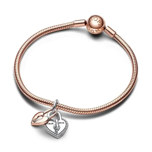 Charm Femme PANDORA PENDANT DOUBLE CADENAS CŒUR BARRE PIVOTANTE BIMATIÈRE Doré Rose 14 Carats Argent 925/1000