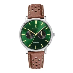 Coffret Homme PIERRE LANNIER ESSENTIAL Argenté Cadran Vert Bracelet Cuir perforé Brun 387D174