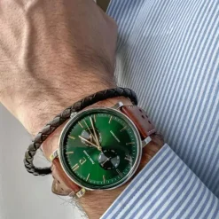 Coffret Homme PIERRE LANNIER ESSENTIAL Argenté Cadran Vert Bracelet Cuir perforé Brun 387D174
