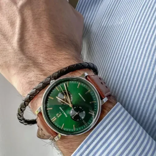 Coffret Homme PIERRE LANNIER ESSENTIAL Argenté Cadran Vert Bracelet Cuir perforé Brun 387D174