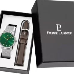 Coffret Homme PIERRE LANNIER ESSENTIAL Cadran Vert Bracelet Cuir Brun 386C171