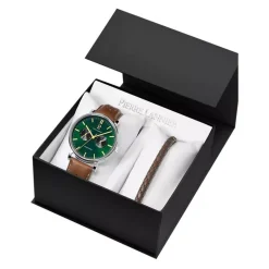 Coffret Homme PIERRE LANNIER ESSENTIAL Argenté Cadran Vert Bracelet Cuir perforé Brun 387D174