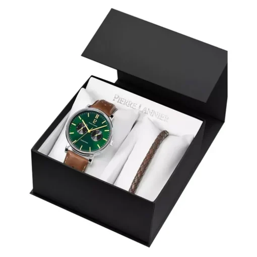 Coffret Homme PIERRE LANNIER ESSENTIAL Argenté Cadran Vert Bracelet Cuir perforé Brun 387D174