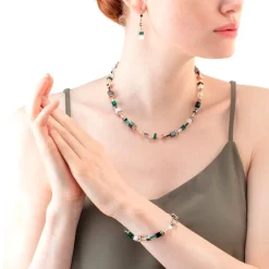 Collier Femme COEUR DE LION GEOCUBE ICONIC ROSE BLANC & VERT FONCÉ Acier inoxydable