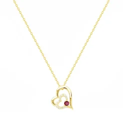 Collier Femme Coeur PLAQUE OR Jaune et Spinelle Rouge