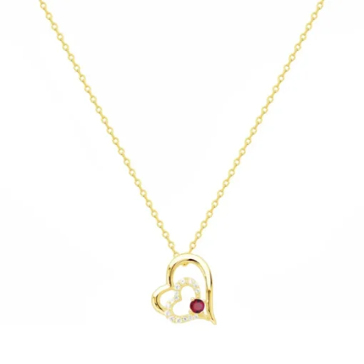 Collier Femme Coeur PLAQUE OR Jaune et Spinelle Rouge