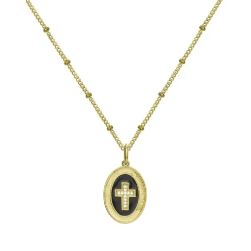 Collier Femme Croix Empierrée PLAQUE OR Jaune et Oxydes