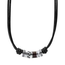 Collier Homme FOSSIL VINTAGE CASUAL Cuir Noir et Perles d'Acier Inoxydables
