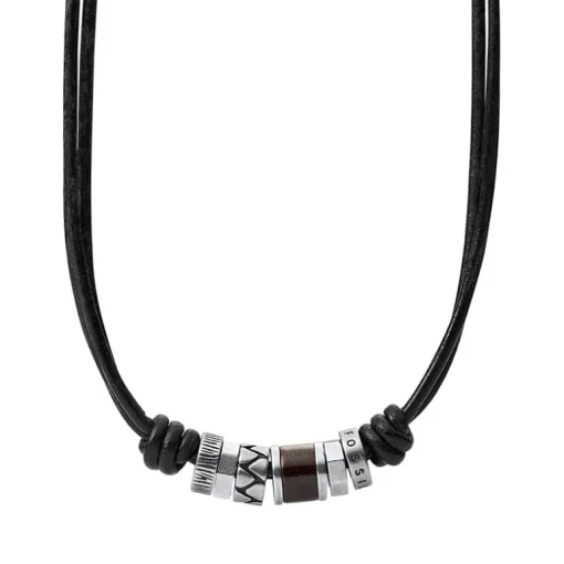 Collier Homme FOSSIL VINTAGE CASUAL Cuir Noir et Perles d'Acier Inoxydables