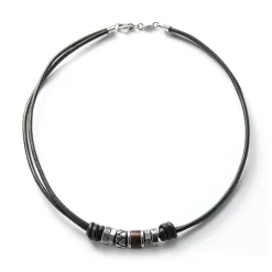 Collier Homme FOSSIL VINTAGE CASUAL Cuir Noir et Perles d'Acier Inoxydables