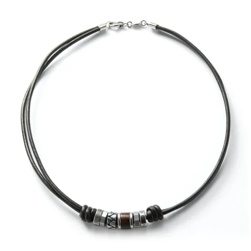 Collier Homme FOSSIL VINTAGE CASUAL Cuir Noir et Perles d'Acier Inoxydables