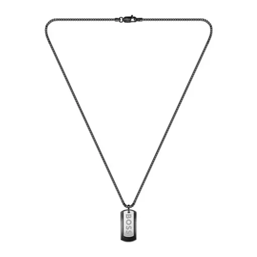 Collier Plaque Homme 62CM BOSS DEVON Acier Noir