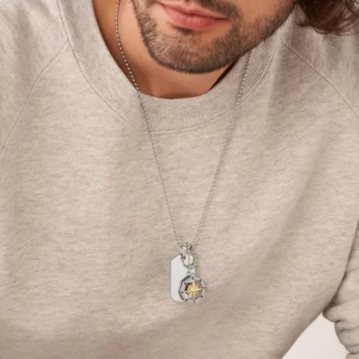 Collier Plaque Homme 64CM FOSSIL BOUSSOLE Acier Argenté