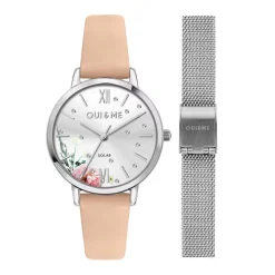 Montre Coffret Femme Solaire OUI&ME Cuir Rose et Acier Argenté ME010373