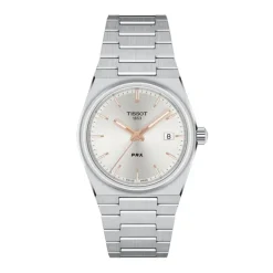 Montre femme chronographe Tissot PRX 35mm acier argenté aiguilles roses T1372101103100