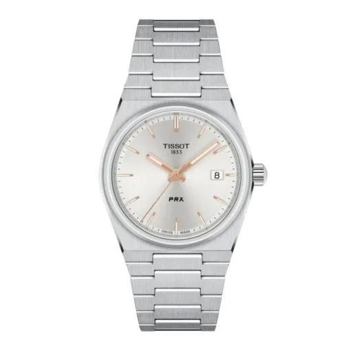 Montre femme chronographe Tissot PRX 35mm acier argenté aiguilles roses T1372101103100