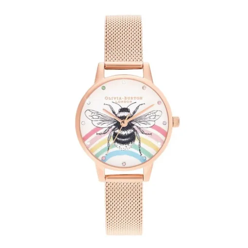montre femme olivia burton Rainbow Bee acier doré rose