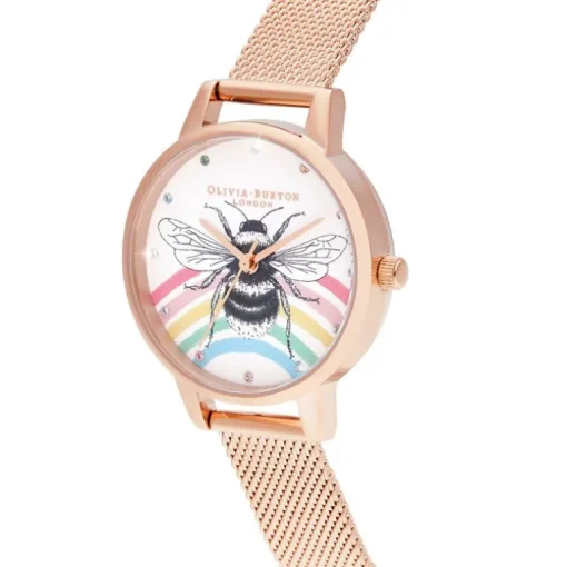 montre femme olivia burton Rainbow Bee acier doré rose