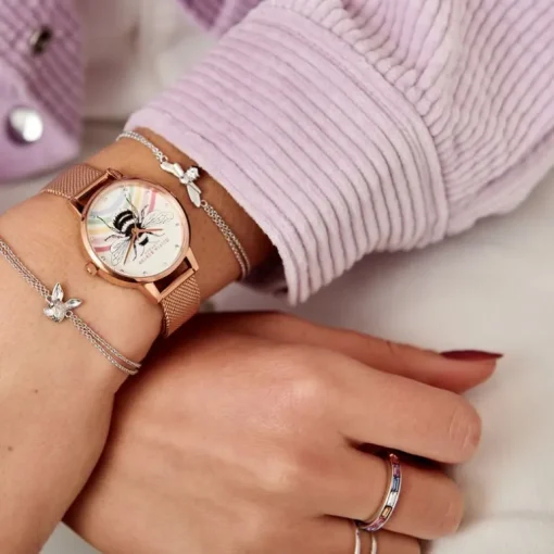 montre femme olivia burton Rainbow Bee acier doré rose
