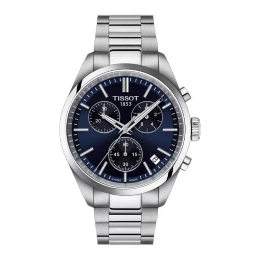 Montre homme chronographe Tissot PR 100 40 mm acier argenté cadran bleu T1504171104100