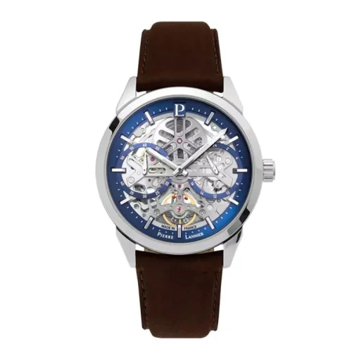 Montre Homme PIERRE LANNIER MONARCK Argenté Cadran Bleu Bracelet Cuir Brun 346A164