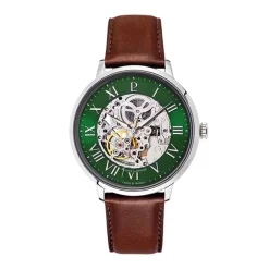 Montre Homme PIERRE LANNIER AUTOMATIC Argenté Cadran Vert Bracelet Cuir Brun 323D174