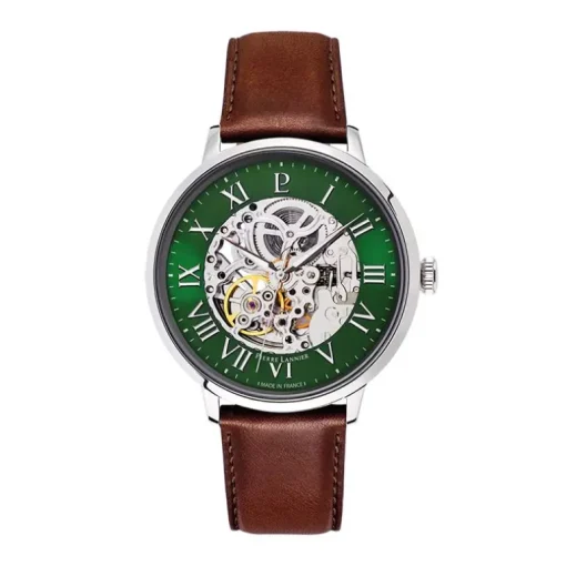 Montre Homme PIERRE LANNIER AUTOMATIC Argenté Cadran Vert Bracelet Cuir Brun 323D174