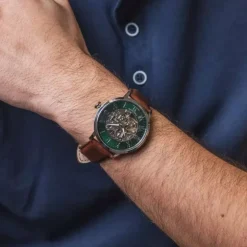 Montre Homme PIERRE LANNIER AUTOMATIC Argenté Cadran Vert Bracelet Cuir Brun 323D174