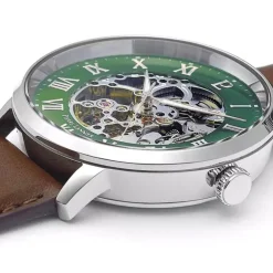 Montre Homme PIERRE LANNIER AUTOMATIC Argenté Cadran Vert Bracelet Cuir Brun 323D174