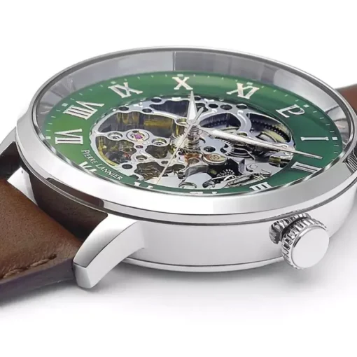 Montre Homme PIERRE LANNIER AUTOMATIC Argenté Cadran Vert Bracelet Cuir Brun 323D174