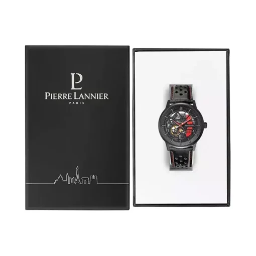 Montre Homme PIERRE LANNIER PADDOCK Cadran Noir Bracelet Cuir Perforé Noir 338A433