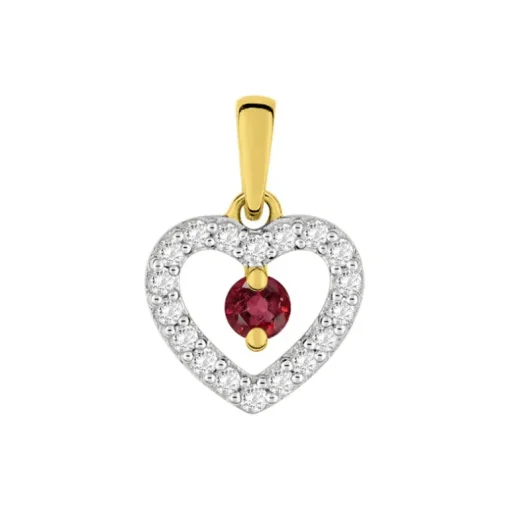 Pendentif Femme Coeur OR 375/1000 Bicolore, Rubis et Oxydes